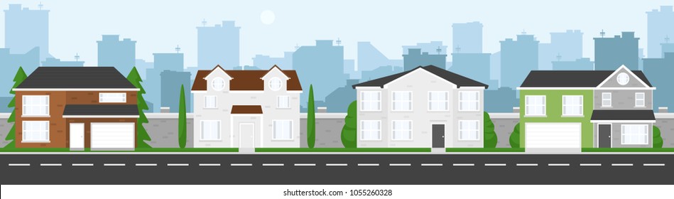 High quality horizontal background of cityscape with houses, trees, road, and city silhouette. Simple 2d background for game. Cartoon street. Beautiful urban template. Flat style vector illustration.