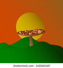 A high quality horizontal background of landscape. red mushroom flat cartoon illustration