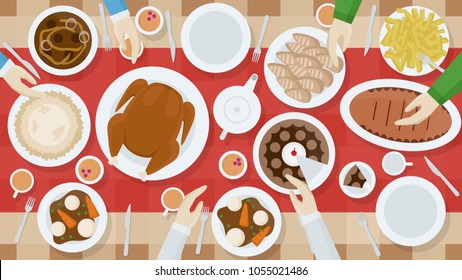 A High Quality Horizontal Background Of Table With Dishes And People's Hands Top View. Festive Dinner. View From Above. Simple Cartoon Template. Flat Style Vector Illustration.