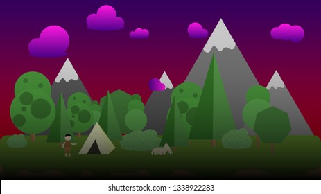 A high quality horizontal seamless background of landscape night nature 
with forest, mountains, bushes, stones,  tent and man. 2d game Landscape for games mobile applications and computers