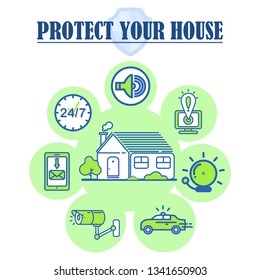 High Quality House Security Service Linear Icons. Dwelling Protection Flat Vector Illustration. Guard Company Thin Line Pictograms. Safeguarding Emblem with Lettering. Banner, Poster Design Element