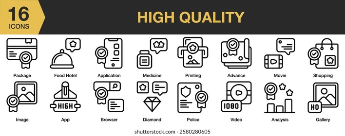 High Quality icon set. Includes quality, product, best, premium, certificate, guarantee, and More. Outline icons vector collection.