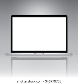 High quality illustration of modern metallic laptop with blank screen with reflection. Front view.