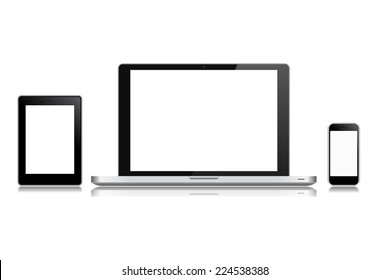 High quality illustration set of modern technology devices - computer monitor, laptop, digital tablet and mobile phone with blank screen. Isolated on white background.