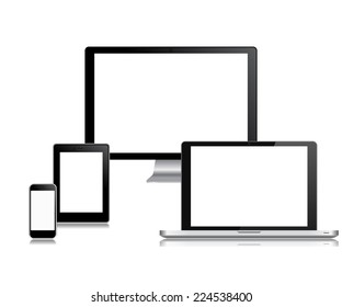 High quality illustration set of modern technology devices - computer monitor, laptop, digital tablet and mobile phone with blank screen. Isolated on white background.