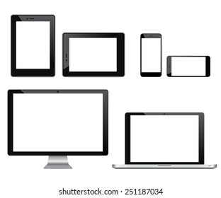 High quality illustration set of modern technology devices - computer monitor, laptop, digital tablet and mobile phone with blank screen. Isolated on white background.