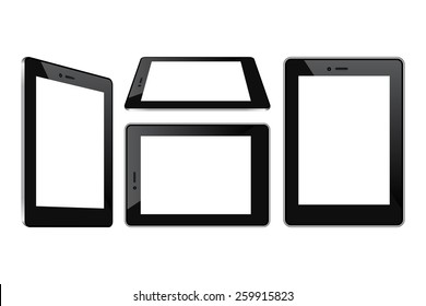 High quality illustration set of modern tablet pc perspective and front view  with blank screen. Isolated on white background.