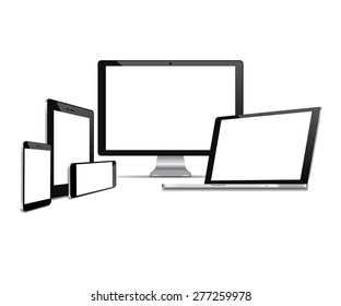 High quality illustration set of modern technology devices - computer monitor, laptop, digital tablet and mobile phone with blank screen. Isolated on white background.