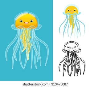 High Quality Jellyfish Cartoon Character Include Flat Design and Line Art Version