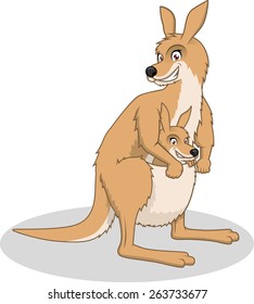 High Quality Kangaroo with Her Baby Vector Cartoon Illustration
