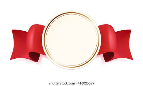 High Quality Label with Red Ribbon on White Background. Vector Isolated Illustration.
