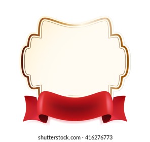 High Quality Label with Red Ribbon on White Background. Vector Isolated Illustration.