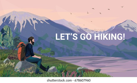 high quality landscape illustration with a backpacker sitting on a hill over spectacular landscape