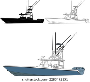 High quality line drawing vector fishing boat. Black, white and color illustration.