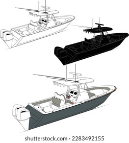 High quality line drawing vector fishing boat. Black, white and color illustration.