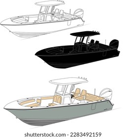 High quality line drawing vector fishing boat. Black, white and color illustration.