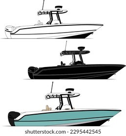 High quality line drawing vector fishing boat. Black, white and color illustration.