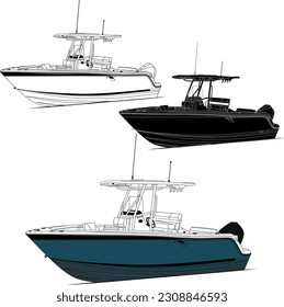 Barco de pesca vectorial de dibujo de alta calidad. Ilustración en blanco, negro y color.