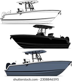 High quality line drawing vector fishing boat. Black, white and color illustration.