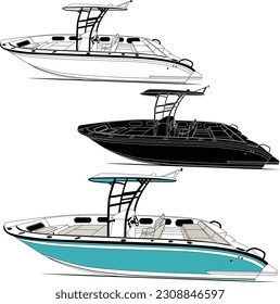 High quality line drawing vector fishing boat. Black, white and color illustration.