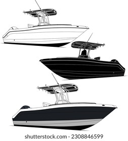 High quality line drawing vector fishing boat. Black, white and color illustration.