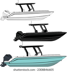 High quality line drawing vector fishing boat. Black, white and color illustration.