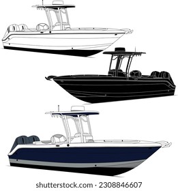 High quality line drawing vector fishing boat. Black, white and color illustration.
