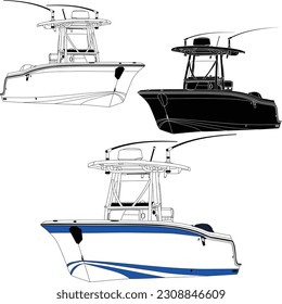 High quality line drawing vector fishing boat. Black, white and color illustration.