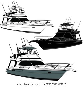 High quality line drawing vector fishing boat. Black, white and color illustration.