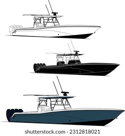 High quality line drawing vector fishing boat. Black, white and color illustration.