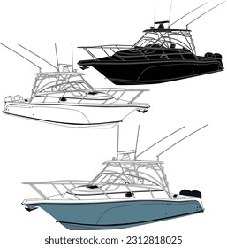 High quality line drawing vector fishing boat. Black, white and color illustration.