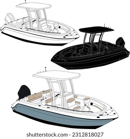 Barco de pesca vectorial de dibujo de alta calidad. Ilustración en blanco, negro y color.
