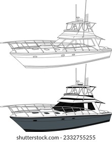 High quality line drawing vector fishing boat. Black, white and color illustration.