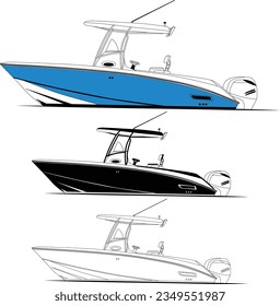 High quality line drawing vector fishing boat. Black, white and color illustration.