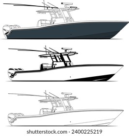 High quality line drawing vector fishing boat. Black, white and color illustration.