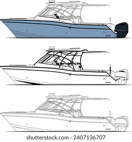 High quality line drawing vector fishing boat black, white and color illustration for t-shirt.	