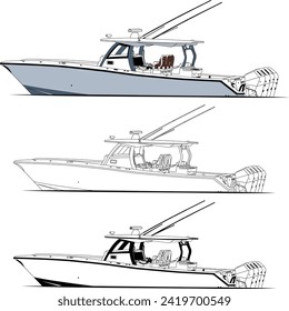 High quality line drawing vector fishing boat black, white and color illustration for t-shirt.	