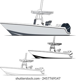 High quality line drawing vector fishing boat black, white and color illustration for t-shirt.