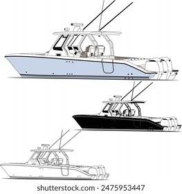 High quality line drawing vector fishing boat black, white and color illustration for t-shirt