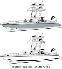 High quality line drawing vector fishing boat black, white and color illustration for t-shirt.