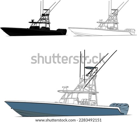 High quality line drawing vector fishing boat. Black, white and color illustration.