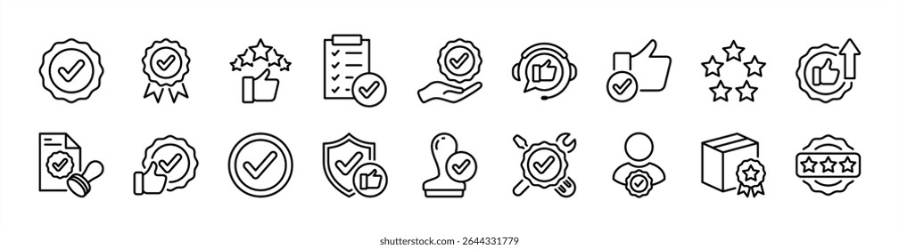 High quality line icon set. Contains award badge, star, medal reward, thumb up, certification stamp label, check, best product, value, approval, guarantee, rating, satisfaction. Vector illustration
