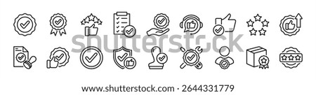 High quality line icon set. Contains award badge, star, medal reward, thumb up, certification stamp label, check, best product, value, approval, guarantee, rating, satisfaction. Vector illustration