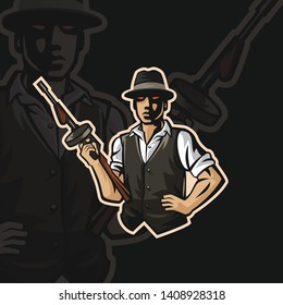 High quality logo featuring a vintage gangster holding vintage gun in e sport logo style