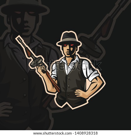 High quality logo featuring a vintage gangster holding vintage gun in e sport logo style
