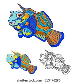 High Quality Mandarin Fish Cartoon Character Include Flat Design and Line Art Version