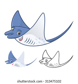 High Quality Manta Ray Cartoon Character Include Flat Design and Line Art Version