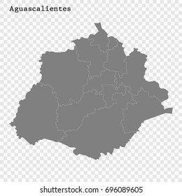 Mapa de alta calidad de Aguascalientes es un estado de México, con fronteras de los municipios