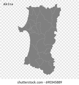 High Quality map of Akita is a prefecture of Japan with borders of the districts
