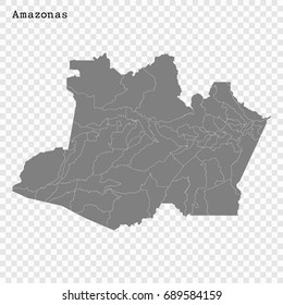 High Quality map of Amazonas is a state of Brazil, with borders of the municipalities